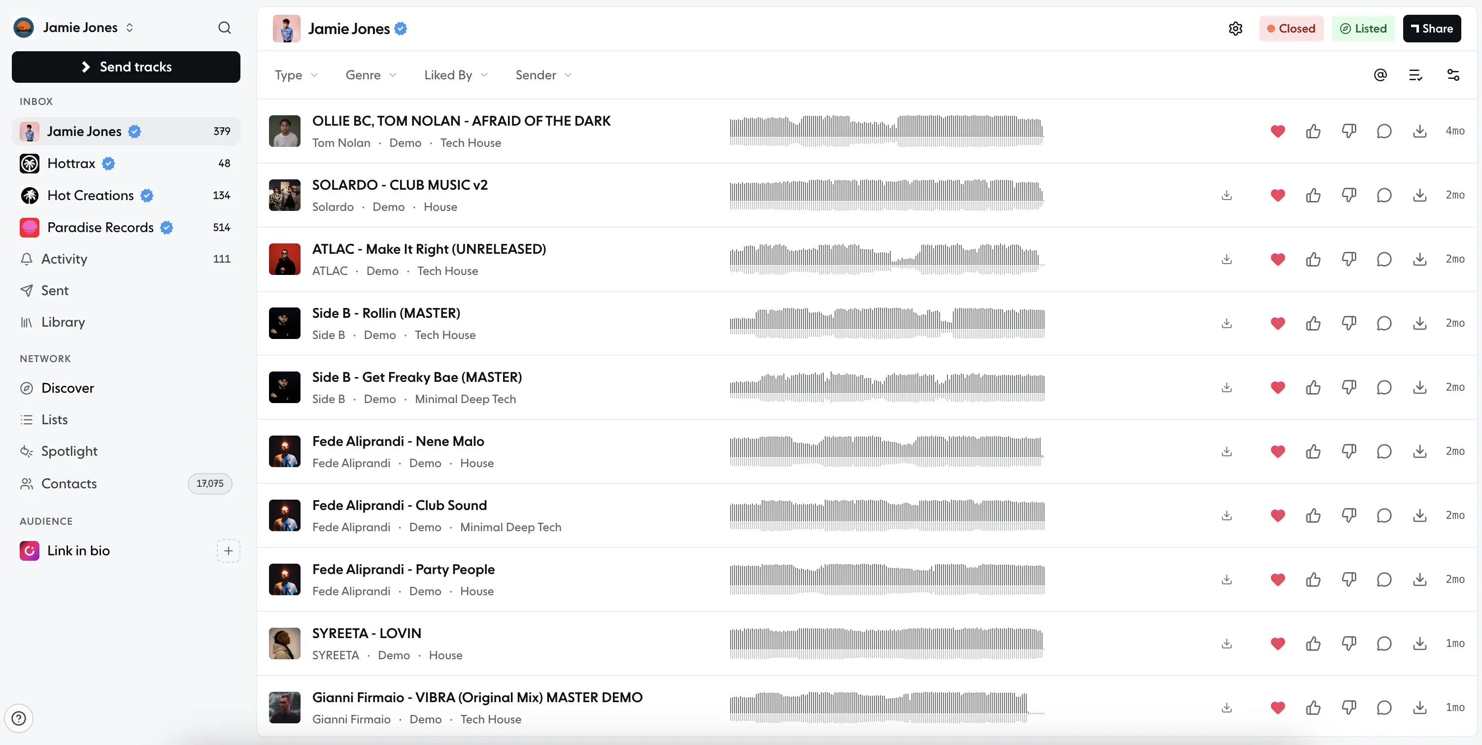 The Trackstack Inbox review feed: demos and promos in one queue, each with its artwork, waveform, genre and rating